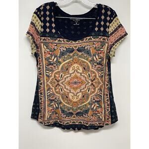 LUCKY BRAND Women Floral Mandala Print Scoop Neck Short Sleeve T-Shirt Top SZ M